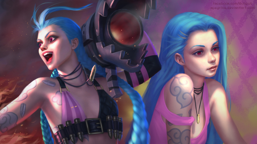 :d arm_tattoo artist_name blue_hair braid breasts bullet bullet_necklace chest_tattoo closed_mouth commentary deviantart_username english_commentary eyelashes facebook_username gohpot gun hair_ornament hairclip highres holding holding_gun holding_weapon jewelry jinx_(league_of_legends) league_of_legends lips long_hair necklace off_shoulder open_mouth pink_shirt shirt small_breasts smile tattoo teeth tongue twin_braids very_long_hair violet_eyes watermark weapon web_address whorled_clouds