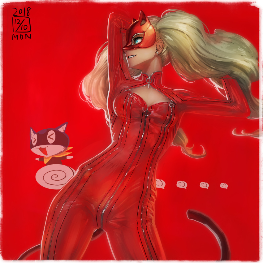 1girl big_hair blonde_hair blue_eyes bodysuit breasts cat cat_mask cat_tail character_request cleavage_cutout contrapposto cowboy_shot dated earrings highres ikeda_(cpt) jewelry long_hair mask medium_breasts parted_lips persona persona_5 profile red_background red_bodysuit simple_background smile solo standing tail takamaki_anne twintails