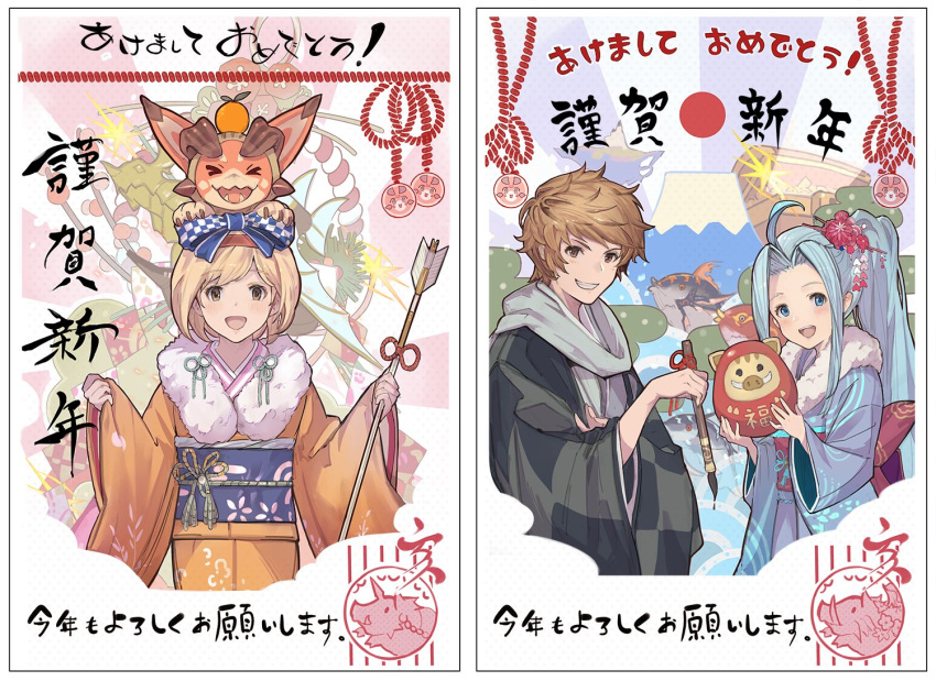 2boys 2girls arrow blonde_hair bob_cut brown_hair calligraphy_brush chinese_zodiac djeeta_(granblue_fantasy) dragon gran_(granblue_fantasy) granblue_fantasy japanese_clothes kimono lyria_(granblue_fantasy) minaba_hideo multiple_boys multiple_girls nengajou new_year official_art paintbrush rope shimenawa short_hair vee_(granblue_fantasy) year_of_the_pig