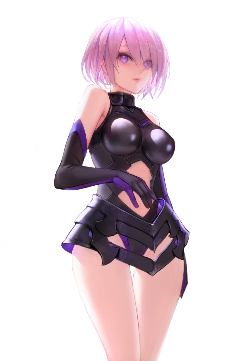 1girl absurdres arm_at_side armored_leotard bare_shoulders black_gloves breasts closed_mouth commentary cowboy_shot egk513 elbow_gloves eyebrows_visible_through_hair fate/grand_order fate_(series) gloves hair_over_one_eye highres impossible_clothes impossible_leotard large_breasts leotard lips looking_at_viewer mash_kyrielight navel_cutout pink_hair pink_lips shiny shiny_clothes shiny_hair short_hair simple_background solo thigh_gap thighs violet_eyes white_background