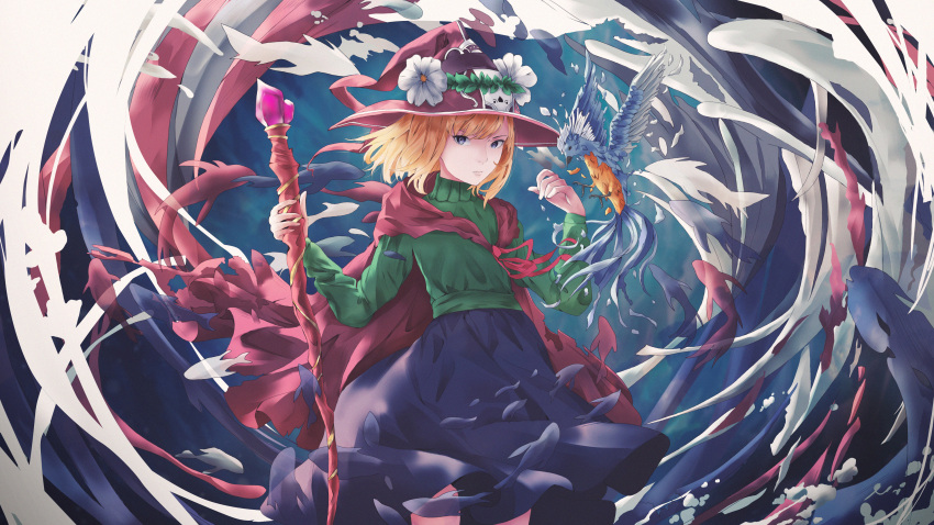 1girl absurdres animal bangs bird blonde_hair blue_skirt cape commentary commission cowboy_shot english_commentary fish flower flying_fish green_sweater hat hat_flower highres holding holding_staff huge_filesize long_sleeves looking_at_viewer medium_hair original red_cape red_hat red_ribbon ribbon skirt solo staff sweater turtleneck turtleneck_sweater valiantvalentine5 violet_eyes white_flower witch_hat