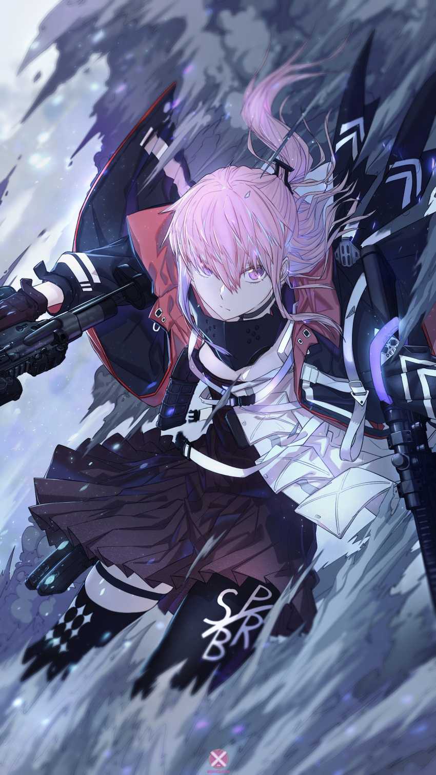 1girl absurdres action ar-15 armband armor assault_rifle bangs closed_mouth clothes_writing coat dress dual_wielding explosion expressionless floating_hair gas_mask girls_frontline gloves gun hair_between_eyes hair_ornament highres holding holding_gun holding_weapon long_hair looking_at_viewer magazine_(weapon) mahousho mod3_(girls_frontline) multicolored_hair multiple_straps open_clothes open_coat pink_eyes pink_hair pleated_dress ponytail red_dress rifle running sidelocks skindentation snap-fit_buckle solo st_ar-15_(girls_frontline) streaked_hair thigh-highs thigh_strap weapon wind