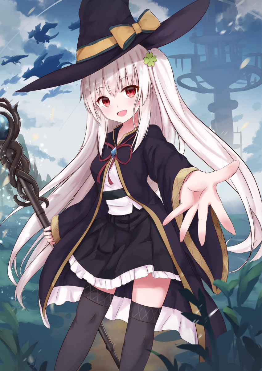 1girl :d bangs black_coat black_hat black_legwear black_skirt blush bow cloud_hair dragon eyebrows_visible_through_hair floating_hair frilled_skirt frills hat hat_bow highres holding holding_staff long_hair long_sleeves looking_at_viewer miniskirt neck_ribbon open_mouth original outdoors red_eyes red_ribbon ribbon silver_hair skirt smile solo staff standing thigh-highs touhourh twintails very_long_hair wide_sleeves witch_hat yellow_bow zettai_ryouiki