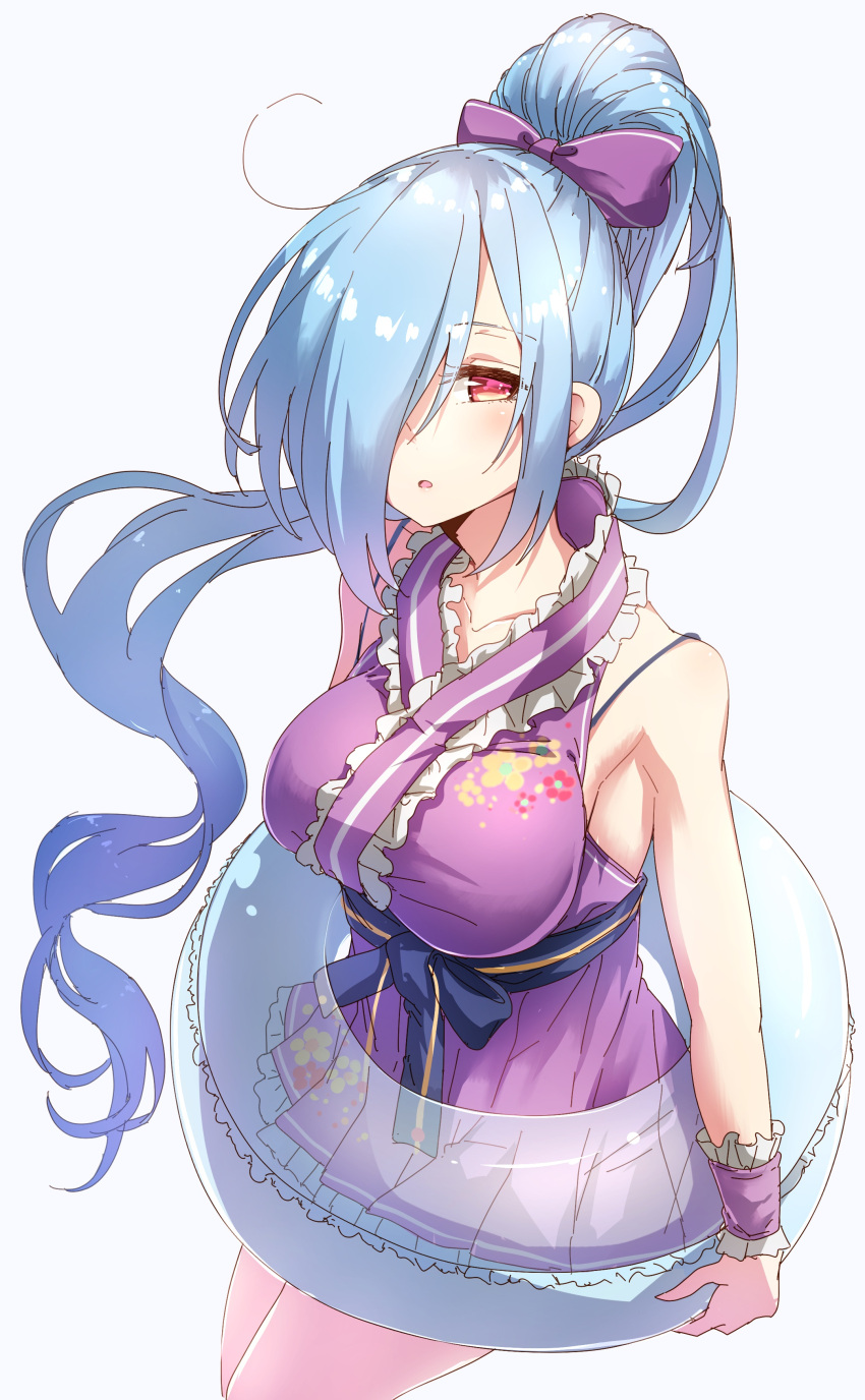 .live 1girl :o absurdres bare_shoulders blue_hair bow bra_strap breasts center_frills darjeeling_(reley) frilled_kimono frills hair_bow hair_over_one_eye high_ponytail highres innertube japanese_clothes kimono large_breasts long_hair looking_at_viewer obi open_mouth ponytail purple_bow purple_kimono red_eyes sash short_kimono solo very_long_hair virtual_youtuber yamato_iori