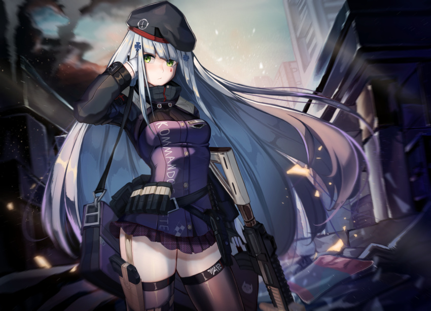 1girl adjusting_hair assault_rifle bag beret blush commentary debris embers facial_tattoo girls_frontline gloves green_eyes gun hair_ornament hat headwear heckler_&amp;_koch hk416 hk416_(girls_frontline) holster j3men long_hair looking_away magazine_(weapon) magpul pleated_skirt rifle rubble silver_hair skirt smoke solo tattoo teardrop thigh-highs thigh_holster trigger_discipline weapon zettai_ryouiki