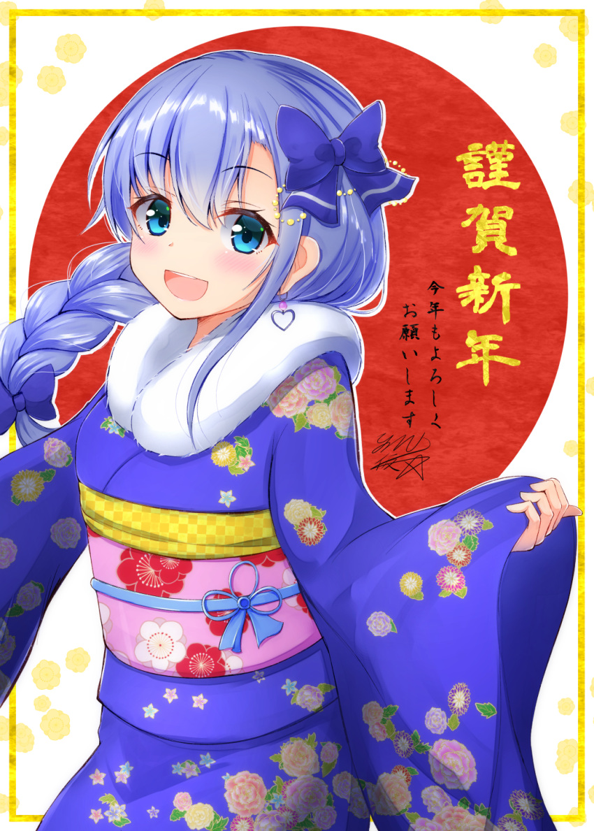 1girl :d bangs blue_bow blue_eyes blue_hair blue_kimono blush bow braid commentary_request eyebrows_visible_through_hair floral_print fur_collar hair_between_eyes hair_bow highres japanese_clothes kimono long_hair long_sleeves looking_at_viewer nijisanji obi open_mouth pinching_sleeves print_kimono sash signature single_braid sleeves_past_wrists smile solo translated virtual_youtuber wide_sleeves ymd_(holudoun) yuuki_chihiro