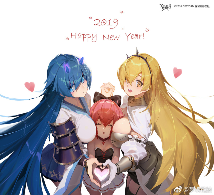 2019 3girls :d armor artist_request bare_shoulders black_legwear blonde_hair blue_eyes blue_hair bow breasts cheek_press collar cowboy_shot eyebrows_visible_through_hair faulds fingers_together garter_straps girl_sandwich hair_bow hairband hand_holding happy_new_year heart heart_hands_trio interlocked_fingers japanese_armor long_hair looking_at_viewer mengjing_lianjie multiple_girls new_year one_eye_closed open_mouth own_hands_together pink_hair pleated_skirt sandwiched short_hair shoulder_armor skirt small_breasts smile sode thigh-highs very_long_hair wide_sleeves yellow_eyes