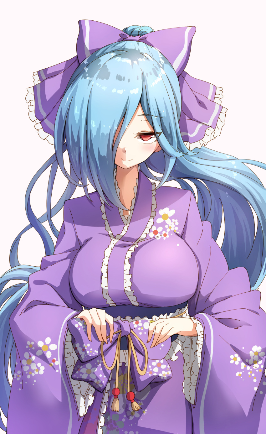.live 1girl absurdres blue_hair bow center_frills darjeeling_(reley) eyebrows_visible_through_hair floral_print frilled_bow frilled_kimono frilled_sleeves frills hair_bow hair_over_one_eye high_ponytail highres japanese_clothes kimono long_hair long_sleeves looking_at_viewer obi ponytail purple_bow purple_kimono red_eyes sash solo very_long_hair virtual_youtuber wide_sleeves yamato_iori