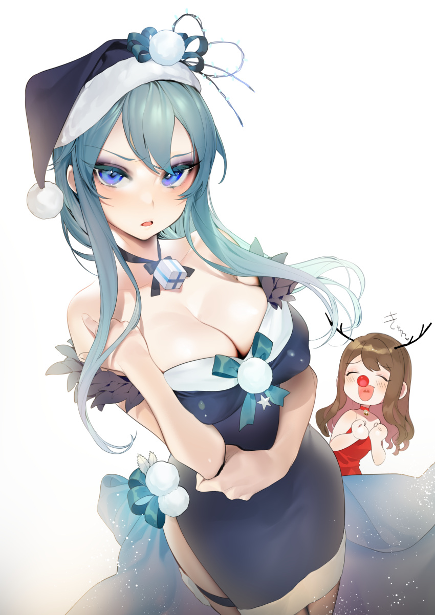 2girls :d ^_^ absurdres antlers bangs bare_arms bare_shoulders bell black_hat black_neckwear blue_dress blue_eyes blue_hair blush breasts brown_hair choker cleavage closed_eyes closed_eyes collarbone cowboy_shot dress erect_nipples eyelashes hands_up hat hat_ribbon highres large_breasts long_hair looking_at_viewer multiple_girls neck_ribbon ohisashiburi open_mouth original parted_lips red_choker red_dress reindeer_antlers ribbon santa_hat side_slit sidelocks simple_background sleeveless sleeveless_dress smile standing thigh_strap thighs uneven_eyes wavy_hair white_background