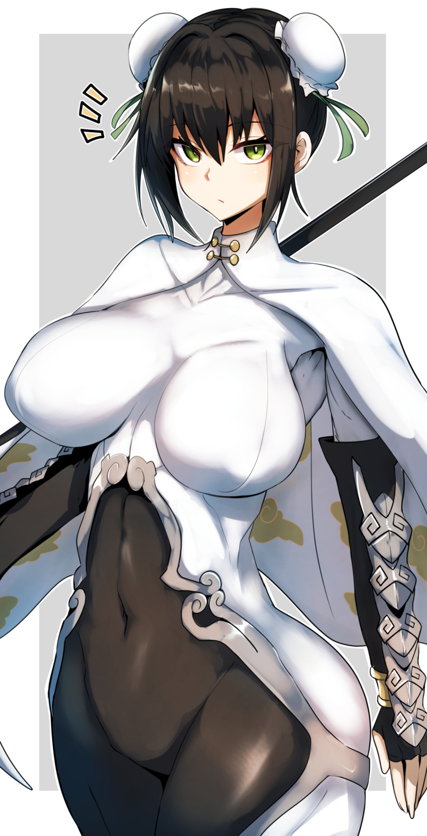1girl black_hair bodysuit breasts bun_cover chinese_clothes covered_navel double_bun fate/grand_order fate_(series) fingerless_gloves gin_moku gloves green_eyes green_ribbon hair_bun hair_ribbon highres large_breasts looking_at_viewer polearm qin_liangyu_(fate) ribbon short_hair solo weapon