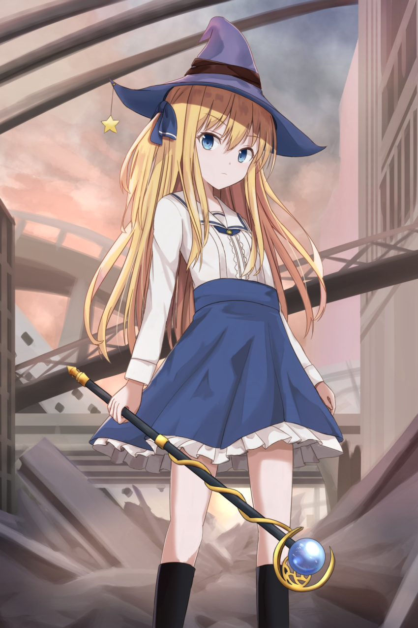 1girl black_legwear black_ribbon blonde_hair blue_eyes blue_hat blue_ribbon blue_skirt dress_shirt eyebrows_visible_through_hair frilled_skirt frills hair_between_eyes hair_ribbon hat hat_ribbon high-waist_skirt highres holding holding_staff kneehighs long_hair long_sleeves looking_at_viewer original outdoors ribbon ruins shirt skirt solo staff standing star_hat_ornament touhourh very_long_hair white_shirt witch_hat