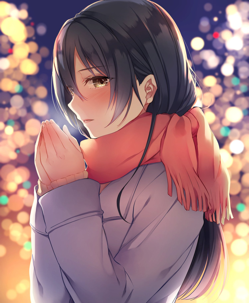 1girl bangs blue_hair blush coat commentary_request eyebrows_visible_through_hair from_side hair_between_eyes hands_clasped hands_together highres long_hair long_sleeves looking_at_viewer love_live! love_live!_school_idol_project open_mouth own_hands_together red_scarf scarf smile solo sonoda_umi upper_body winter_clothes winter_coat yellow_eyes yumari_nakura