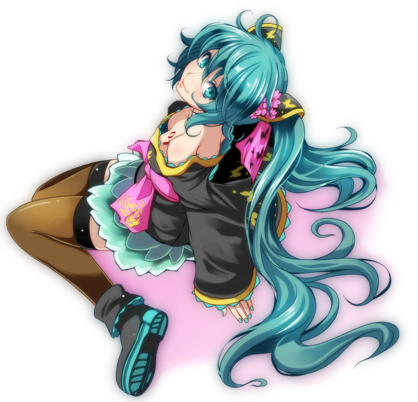 1girl bare_shoulders blue_hair breast_tattoo breasts cleavage commentary_request downblouse flower gradient gradient_background hair_flower hair_ornament hatsune_miku head_tilt highres japanese_clothes kimono long_hair long_sleeves looking_at_viewer looking_back nail_polish off_shoulder project_diva_(series) shoes short_kimono sitting smile solo tattoo thigh-highs tsukishiro_saika twintails very_long_hair vocaloid
