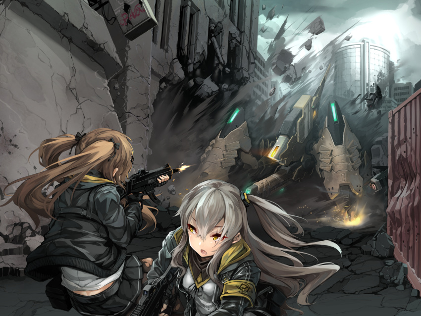 2girls 404_logo_(girls_frontline) armband battle brown_hair city commentary_request dinergate_(girls_frontline) firing girls_frontline glowing grey_hair gun h&amp;k_ump heckler_&amp;_koch highres hood hooded_jacket jacket manticore_(girls_frontline) multiple_girls revision robot ruins running sangvis_ferri scar scar_across_eye siblings sisters submachine_gun twins twintails ump45_(girls_frontline) ump9_(girls_frontline) usuki_(graygreed) weapon yellow_eyes