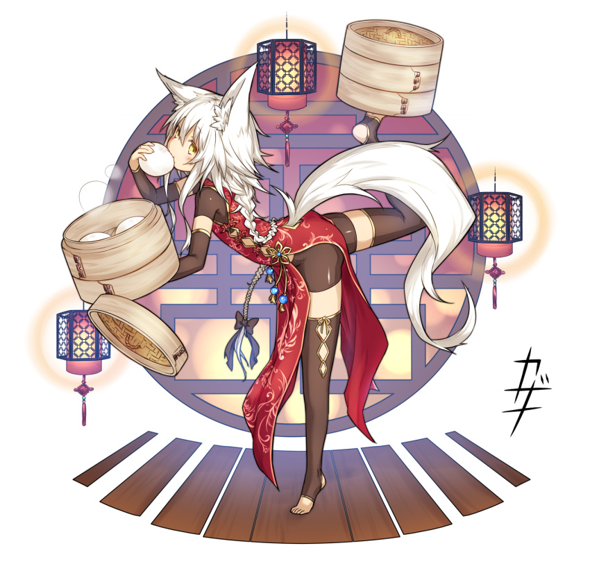 1girl animal_ears balancing bamboo_steamer baozi bike_shorts black_legwear bow braid carrying china_dress chinese_clothes detached_sleeves dress eating food full_body hair_bow highres kazana_(sakuto) lantern long_hair original saku_(kazana) simple_background solo standing standing_on_one_leg steam stirrup_legwear tail thigh-highs toeless_legwear very_long_hair white_background white_hair wolf_ears wolf_tail yellow_eyes