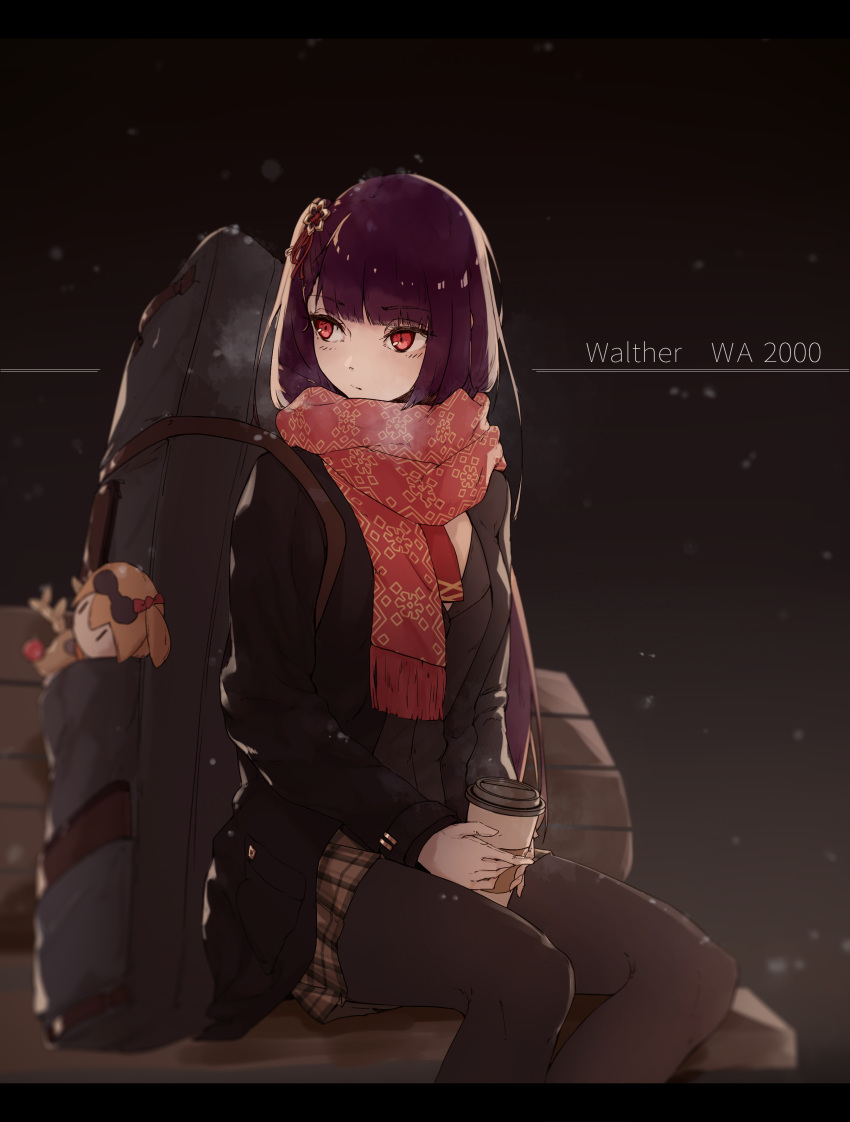 1girl absurdres bangs bench black_coat black_legwear blunt_bangs blush breath brown_skirt character_doll character_name closed_mouth coat coffee_cup comic commentary cup dark_background disposable_cup english_commentary enpera eyebrows_visible_through_hair feet_out_of_frame girls_frontline highres holding holding_cup letterboxed long_hair long_sleeves looking_away looking_to_the_side one_side_up open_clothes open_coat pantyhose park_bench plaid plaid_skirt pleated_skirt purple_hair red_eyes red_scarf scarf sitting skirt snowing solo stuffed_animal stuffed_reindeer stuffed_toy very_long_hair wa2000_(girls_frontline) weapon_bag winter xy_(pixiv8783776)