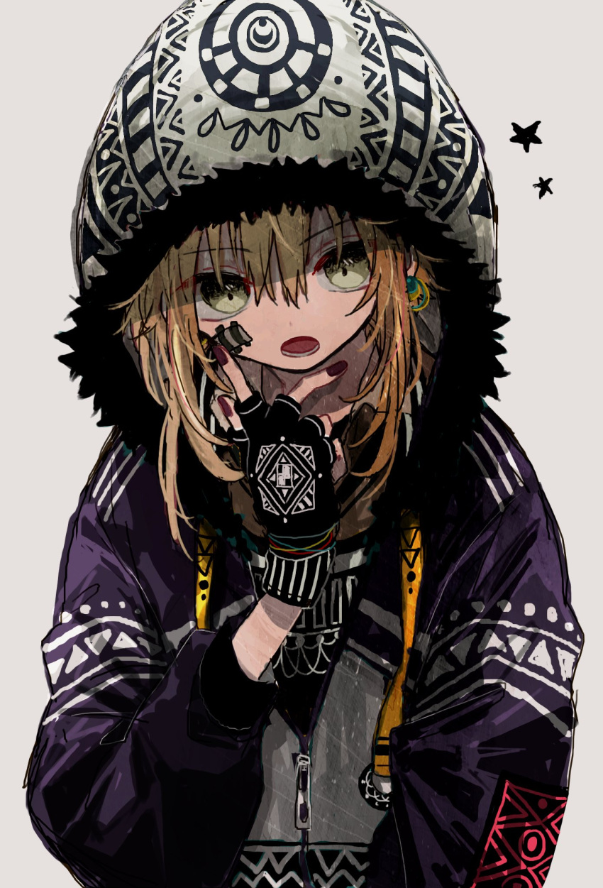 1girl azsn10 bangs black_nails blonde_hair character_request copyright_request drawstring earrings eyebrows_visible_through_hair fingerless_gloves fur_trim gloves grey_background hair_between_eyes highres hood hoodie hoop_earrings jacket jewelry long_hair looking_at_viewer nail_polish open_mouth patterned_clothing simple_background solo star upper_body zipper zipper_pull_tab