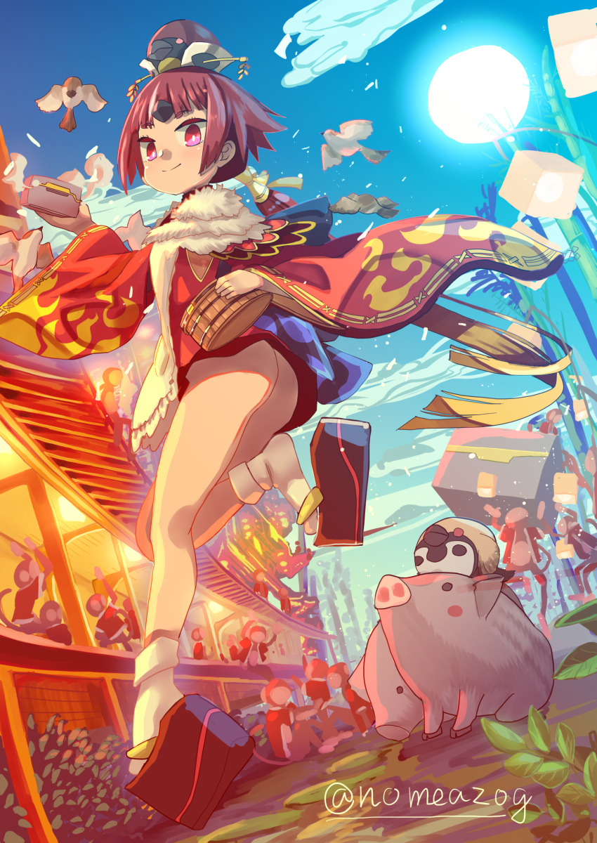 1girl absurdres apron architecture ass benienma_(fate/grand_order) bird box brown_eyes brown_hair east_asian_architecture fate/grand_order fate_(series) geta highres monkey nomeazog pig sparrow tabi twitter_username wide_sleeves