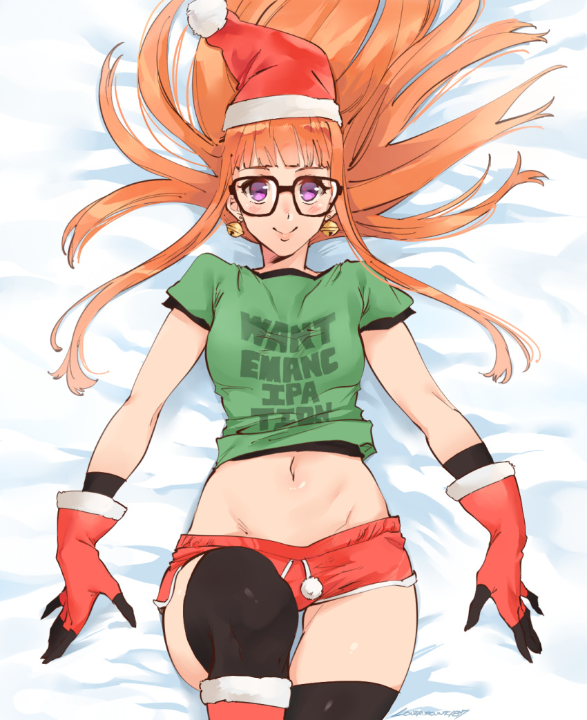 1girl bangs bed_sheet bell bell_earrings black-framed_eyewear black_legwear blunt_bangs blush boots breasts christmas clothes_writing earrings flat_chest glasses gloves green_shirt hat highres jewelry jingle_bell kenshin187 knee_boots leg_up long_hair looking_at_viewer lying midriff navel on_back orange_hair persona persona_5 red_gloves red_shorts sakura_futaba santa_hat shirt short_shorts short_sleeves shorts smile solo t-shirt thigh-highs thigh_gap thighhighs_under_boots violet_eyes