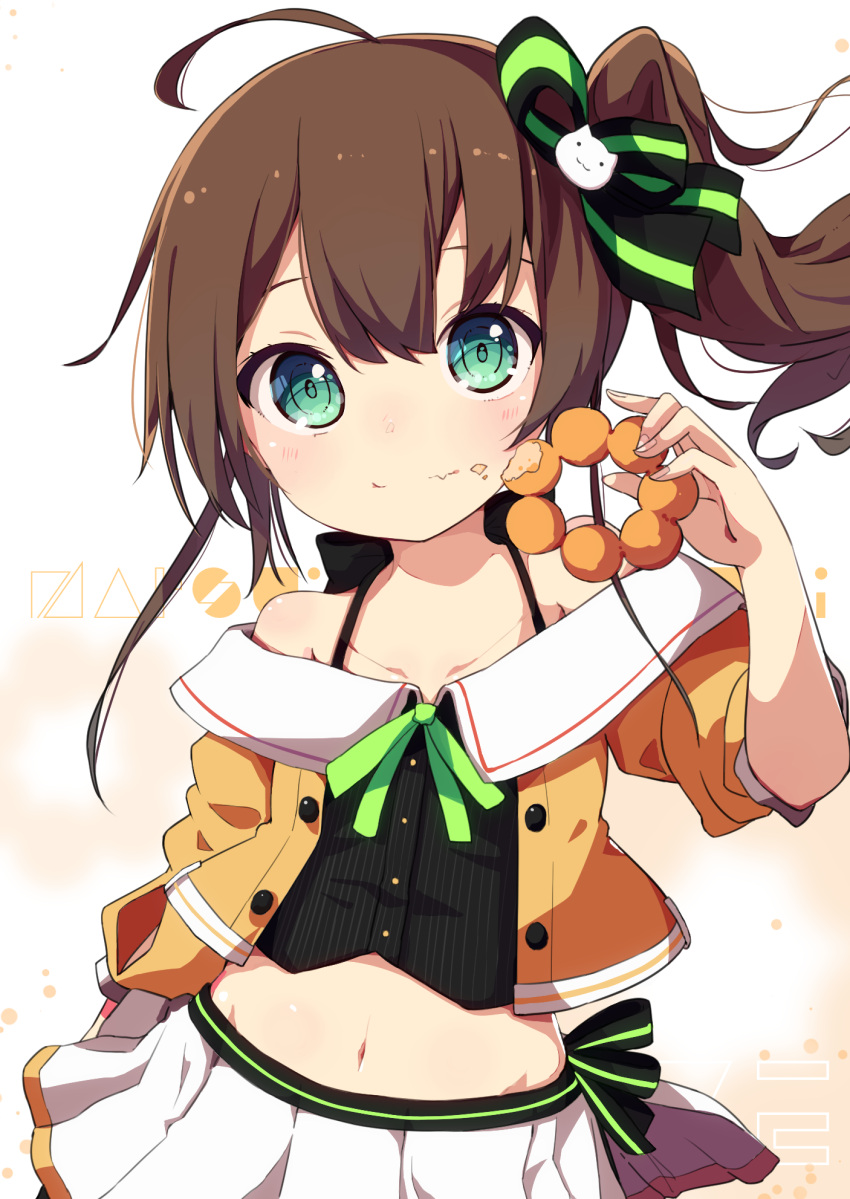 1girl ahoge bangs bare_shoulders black_shirt blush bow brown_hair closed_mouth collarbone commentary_request doughnut dress_shirt eating eyebrows_visible_through_hair fingernails food food_on_face green_eyes hair_between_eyes hair_bow head_tilt highres holding holding_food hololive jacket long_hair looking_at_viewer midriff natsuiro_matsuri navel off_shoulder okota_mikan open_clothes open_jacket orange_jacket pinstripe_pattern pleated_skirt shirt side_ponytail skirt smile solo striped striped_bow striped_shirt vertical-striped_shirt vertical_stripes virtual_youtuber white_background white_skirt