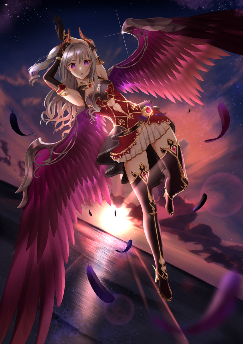 1girl :o armlet asymmetrical_gloves black_footwear black_gloves black_legwear boots breasts cleavage_cutout commentary_request elbow_gloves feathered_wings feathers flying gloves grey_hair high_heel_boots high_heels highres horns idolmaster idolmaster_cinderella_girls idolmaster_cinderella_girls_starlight_stage kanzaki_ranko lens_flare light_blush long_hair medium_breasts night night_sky pleated_skirt purple_feathers purple_wings single_elbow_glove skirt sky solo sunrise thigh-highs thigh_boots violet_eyes wasabi_(mecha_karai) wings