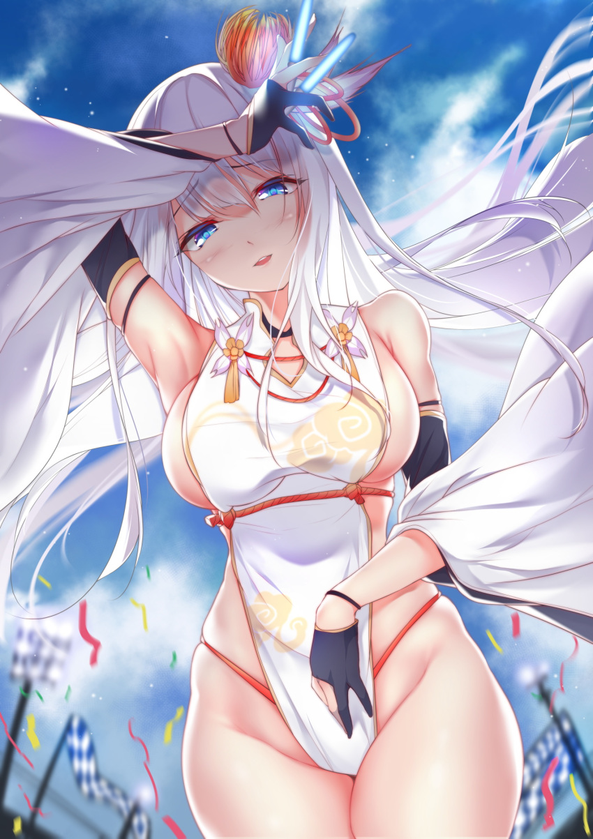 1girl adapted_costume arm_strap azur_lane bangs bare_shoulders black_gloves blue_eyes blue_sky blush breasts chengcheng2b choker clouds confetti detached_sleeves eyebrows_visible_through_hair flower gloves glowstick hair_flower hair_ornament highres large_breasts long_hair looking_at_viewer mole mole_under_eye open_mouth outdoors partly_fingerless_gloves pelvic_curtain racequeen rope shoukaku_(azur_lane) sidelocks silver_hair skindentation sky smile