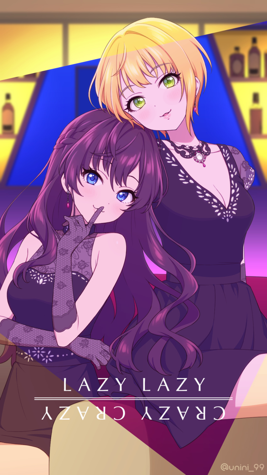2girls agata_(agatha) ahoge bangs bare_shoulders black_dress black_gloves blonde_hair blue_eyes blush braid breasts brown_hair cleavage collarbone commentary_request crazy_crazy_(idolmaster) dress earrings elbow_gloves eyelashes finger_to_mouth floral_print french_braid gloves green_eyes hair_between_eyes highres ichinose_shiki idolmaster idolmaster_cinderella_girls idolmaster_cinderella_girls_starlight_stage index_finger_raised jewelry lazy_lazy_(idolmaster) long_hair looking_at_viewer medium_breasts miyamoto_frederica multiple_girls parted_lips short_hair sitting smile stenciled_rose wavy_hair