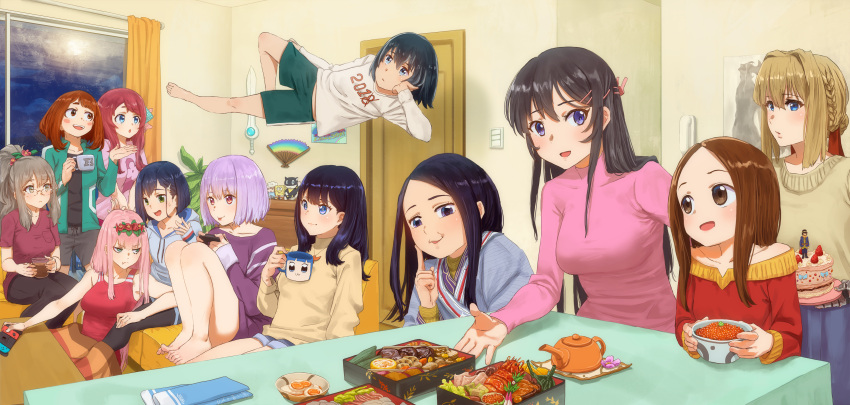 absurdres asirpa bangs beige_sweater black_hair blonde_hair blue_eyes blue_hair blue_shorts blue_sweater boku_no_hero_academia bow bowl braid breasts brown_eyes brown_hair cake chest_of_drawers closed_mouth commentary controller couch cup curtains cushion darling_in_the_franxx door english_commentary floating flower food french_braid futaba_rio game_console game_controller glasses golden_kamuy green_eyes hair_between_eyes hair_bow hair_flower hair_ornament hair_ribbon hairband hairclip highres hina_(hinamatsuri) hinamatsuri_(manga) holding holding_bowl holding_cake holding_cup hood hoodie ichigo_(darling_in_the_franxx) indoors jewelry justin_leyva_(steamy_tomato) karakai_jouzu_no_takagi-san large_breasts long_hair looking_at_another looking_at_viewer military military_uniform minamoto_sakura multiple_girls necklace new_year's_eve obentou off_shoulder open_mouth orange_eyes pants party pink_hair pink_sweater ponytail prosthesis prosthetic_hand purple_sweater red_shirt red_tank_top ribbon room sakurajima_mai seishun_buta_yarou shinjou_akane shirt short_hair shorts sidelocks sitting smile ssss.gridman standing straight_hair sweater table takagi-san takarada_rikka teapot uniform uraraka_ochako violet_evergarden_(character) window yellow_sweater zero_two_(darling_in_the_franxx) zombie_land_saga