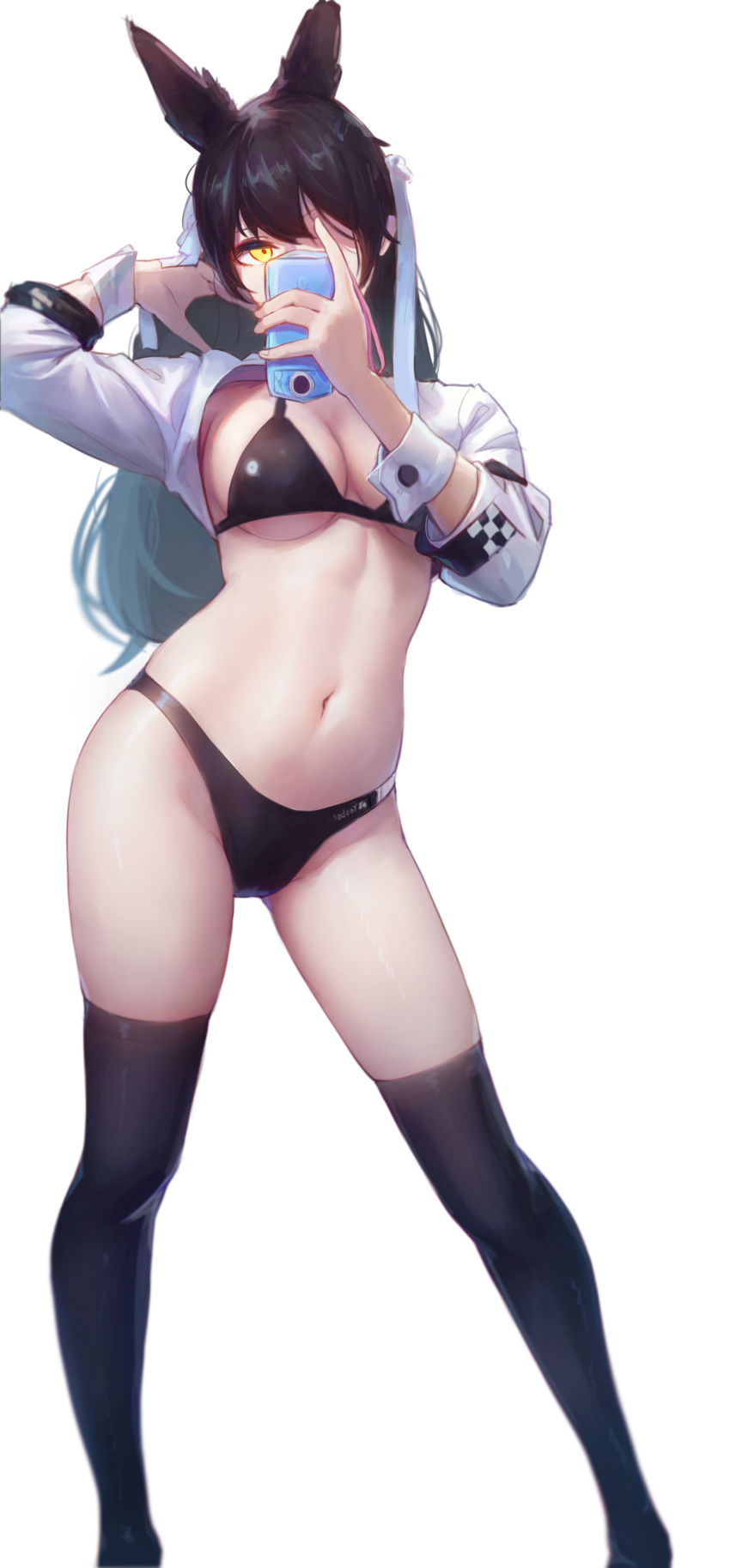 1girl 735308747 absurdres animal_ears arm_up atago_(azur_lane) azur_lane bangs bikini black_bikini black_hair black_legwear blurry breasts cleavage contrapposto cropped_jacket depth_of_field feet_out_of_frame hair_ribbon head_tilt highres holding holding_phone jacket legs_apart long_hair looking_at_viewer medium_breasts navel one_eye_covered phone ribbon simple_background solo standing stomach swimsuit thigh-highs white_background white_jacket white_ribbon wrist_cuffs yellow_eyes