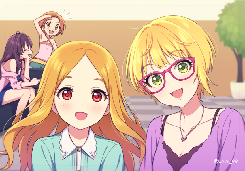 4girls :3 :d ^_^ agata_(agatha) bangs bare_shoulders blonde_hair breasts cleavage closed_eyes closed_eyes collarbone dot_nose eyebrows_visible_through_hair glasses green_eyes hair_ornament hairclip heart heart_necklace ichinose_shiki idolmaster idolmaster_cinderella_girls jewelry long_hair looking_at_viewer miyamoto_frederica mochizuki_hijiri multiple_girls necklace open_mouth orange_hair parted_bangs pink-framed_eyewear purple_hair red_eyes ryuuzaki_kaoru short_hair sideways_mouth sitting sleeves_past_elbows smile yellow_eyes