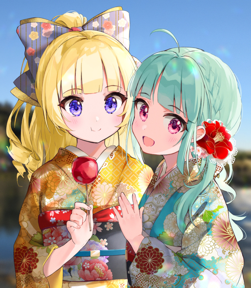 2girls :d ahoge aqua_hair bangs battle_girl_high_school blonde_hair blue_kimono blue_sky blurry blurry_background blush bow braid candy_apple closed_mouth commentary_request curly_hair day eating eyebrows_visible_through_hair floral_print flower food from_side hair_bow hair_flower hair_ornament hand_up head_tilt highres holding holding_food japanese_clothes kimono kiyosato0928 long_hair long_sleeves looking_at_viewer looking_to_the_side multiple_girls obi open_mouth outdoors print_kimono purple_bow red_eyes red_flower sadone sash sendouin_kaede sidelocks sky smile upper_body violet_eyes wide_sleeves yellow_kimono