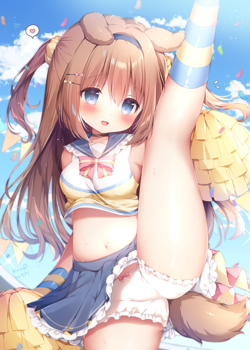 1girl :d animal_ears bangs blue_eyes blue_hairband blue_sailor_collar blue_skirt blue_sky blush bow bow_panties brown_hair cheerleader commentary_request commission crop_top day eyebrows_visible_through_hair frilled_sailor_collar frilled_skirt frills hair_between_eyes hair_bow hair_ornament hair_scrunchie hairband heart highres holding holding_pom_poms kneehighs long_hair looking_at_viewer midriff momozu_komamochi navel open_mouth original panties pink_bow pom_pom_(cheerleading) sailor_collar scrunchie shirt signature skeb_commission skirt sky sleeveless sleeveless_shirt smile solo split spoken_heart standing standing_on_one_leg standing_split stomach striped striped_legwear tail two_side_up underwear white_panties yellow_shirt