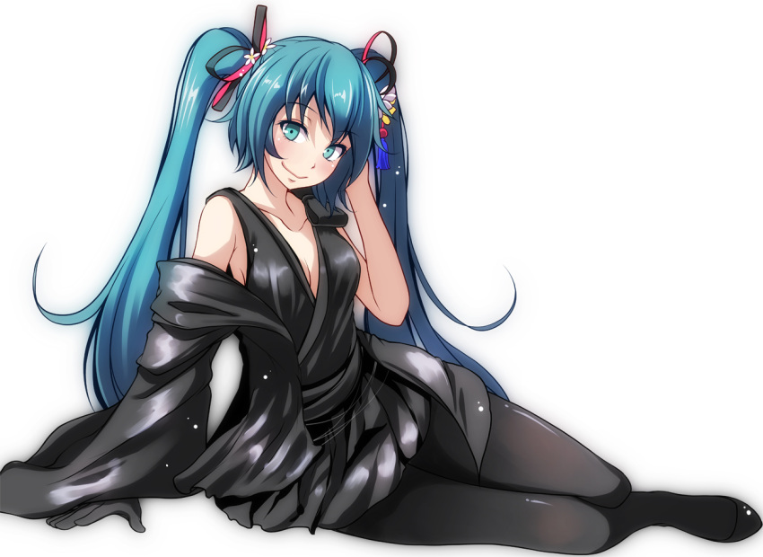 1girl aqua_eyes aqua_hair arm_support bangs bare_shoulders black_gloves black_jacket black_legwear black_ribbon blush breasts cleavage closed_mouth collarbone commentary_request eyebrows_visible_through_hair flower full_body gloves hair_flower hair_ornament hair_ribbon hand_in_hair hand_up hatsune_miku head_tilt jacket long_hair long_sleeves medium_breasts off_shoulder open_clothes open_jacket pantyhose project_diva_(series) reclining ribbon simple_background single_glove smile solo tassel tsukishiro_saika twintails very_long_hair white_background