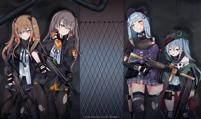 404_(girls_frontline) 4girls absurdres aqua_hair armband assault_rifle bangs beret black_bow black_gloves black_hat black_jacket black_legwear black_ribbon black_shorts blunt_bangs bow brown_hair closed_mouth coat commentary_request crossed_bangs eyebrows_visible_through_hair facial_mark fingerless_gloves g11 g11_(girls_frontline) girls_frontline gloves green_eyes green_hat green_jacket grey_eyes grey_hair gun h&amp;k_ump h&amp;k_ump45 h&amp;k_ump9 hair_between_eyes hair_ornament hairclip hand_up hat heckler_&amp;_koch highres hk416 hk416_(girls_frontline) holding holding_gun holding_weapon holster hood hood_down hooded_jacket jacket knee_pads light_brown_eyes long_hair long_sleeves looking_at_another looking_at_viewer messy_hair multiple_girls navel one_side_up open_clothes open_coat open_jacket pantyhose plaid plaid_skirt red_eyes ribbon rifle scar scar_across_eye scarf_on_head shirt shorts shoulder_cutout silver_hair skirt smile strap submachine_gun teardrop thigh-highs thigh_strap torn_clothes trigger_discipline ump45_(girls_frontline) ump9_(girls_frontline) urim_(paintur) weapon white_shirt zettai_ryouiki