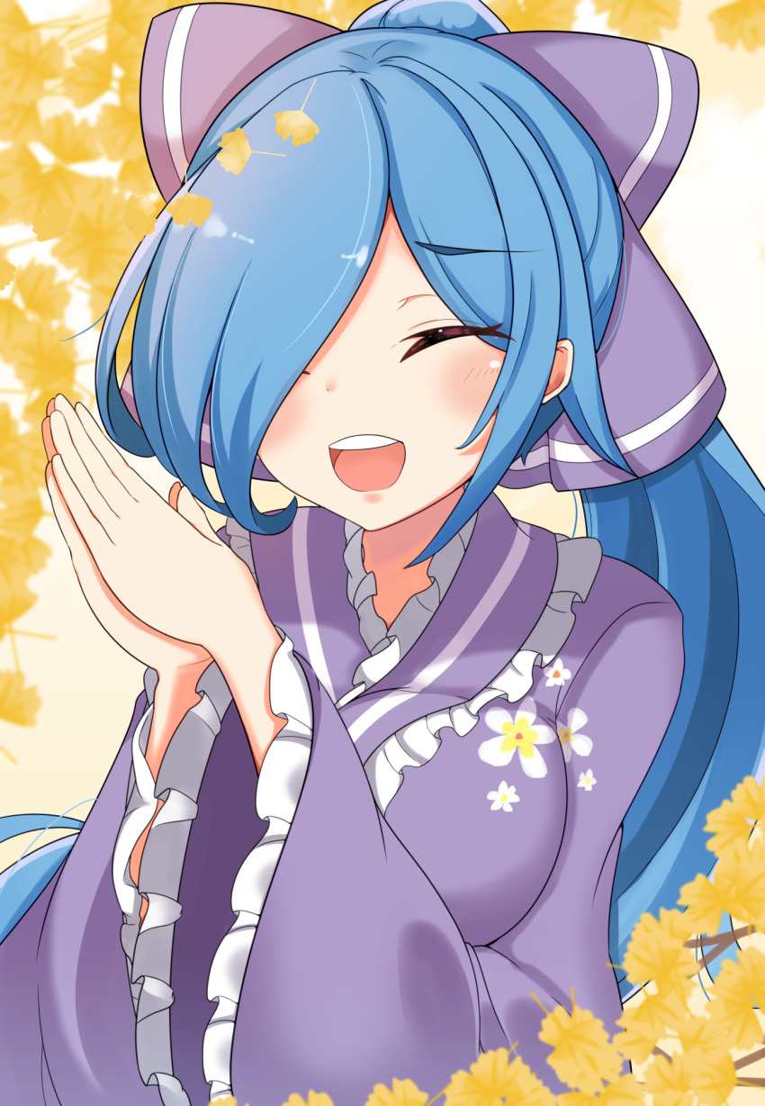 .live 1girl :d blue_hair blush bow breasts closed_eyes eyebrows_visible_through_hair facing_viewer frilled_kimono frills hair_bow hair_over_one_eye hands_clasped high_ponytail highres japanese_clothes kimono kogetsu_azami large_breasts leaf long_hair long_sleeves obi open_mouth own_hands_together ponytail purple_bow purple_kimono sash smile solo upper_body upper_teeth very_long_hair virtual_youtuber wide_sleeves yamato_iori