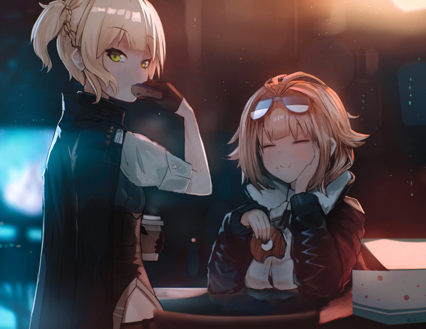 :t arm_up bangs black_cape black_gloves black_jacket blonde_hair blunt_bangs blurry blurry_background blush bra bra_peek braid brown_hair cape closed_eyes closed_mouth coffee_cup commentary corset cup disposable_cup doughnut eating ehrrr english_commentary eyebrows_visible_through_hair eyewear_on_head food girls_frontline gloves green_eyes grizzly_mkv_(girls_frontline) hand_on_own_cheek holding holding_food indoors jacket lens_flare long_sleeves looking_at_viewer looking_back open_clothes open_jacket pastry_box shirt short_hair short_sleeves side_ponytail steam sunglasses table tsurime underwear welrod_mk2_(girls_frontline) white_shirt