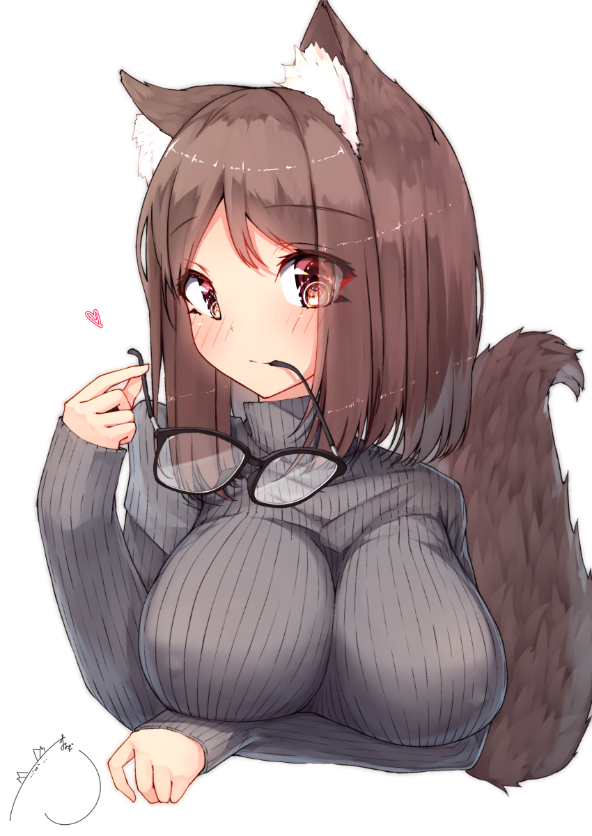 1girl absurdres animal_ear_fluff animal_ears bangs black-framed_eyewear blush breasts brown_eyes brown_hair closed_mouth commentary_request cropped_torso eyebrows_visible_through_hair eyewear_removed fingernails fox_ears fox_girl fox_tail glasses grey_sweater hand_up heart highres holding holding_eyewear large_breasts long_sleeves looking_at_viewer mayogii original ribbed_sweater signature simple_background sleeves_past_wrists solo sweater tail tail_raised turtleneck turtleneck_sweater upper_body white_background