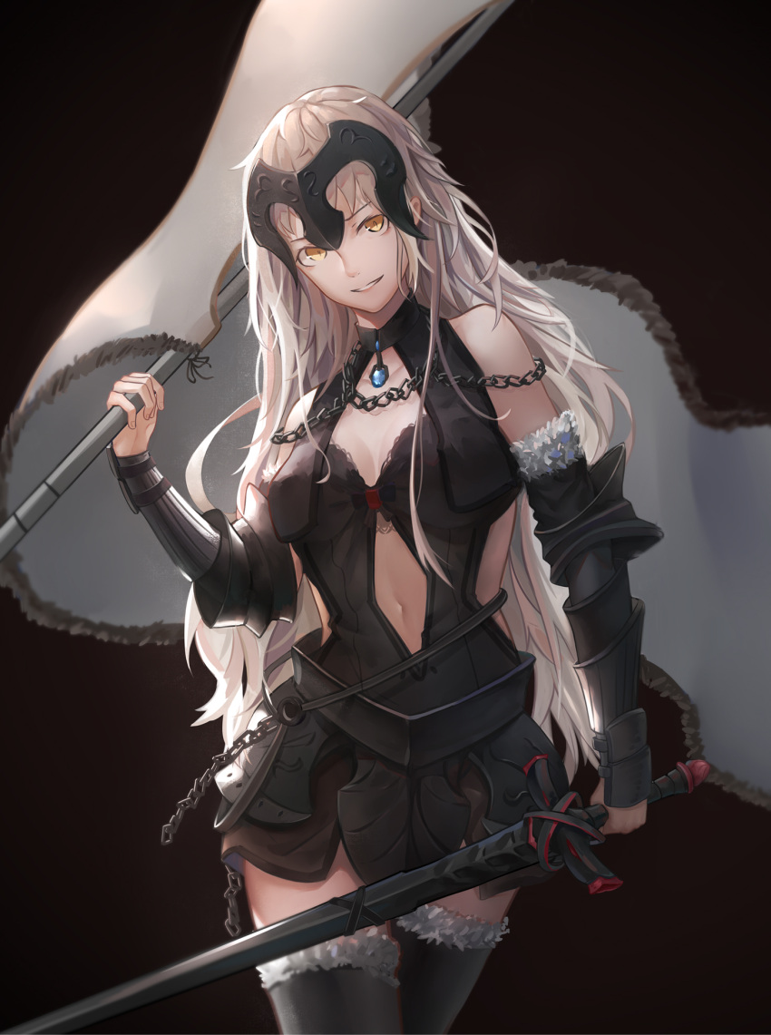 1girl ahoge armor armored_dress avenger bangs banner bare_shoulders black_background black_dress breasts center_opening chains commentary_request dress eyebrows_visible_through_hair fate/grand_order fate_(series) faulds flag fur_trim gauntlets hair_between_eyes headpiece highres jeanne_d'arc_(alter)_(fate) jeanne_d'arc_(fate)_(all) long_hair milu_(pixiv8523021) navel silver_hair sword thigh-highs tsurime weapon yellow_eyes