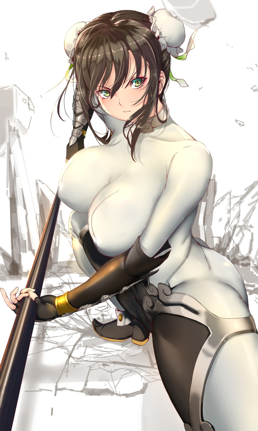 1girl arm_guards bangs black_gloves black_hair blush bodysuit breasts bun_cover chinese_clothes closed_mouth commentary_request covered_collarbone double_bun erect_nipples fate/grand_order fate_(series) fighting_stance fingerless_gloves gloves green_eyes highres holding holding_weapon large_breasts looking_at_viewer pekoneko polearm qin_liangyu_(fate) revision shiny shiny_hair sidelocks simple_background skin_tight solo spear squatting v-shaped_eyebrows weapon white_background