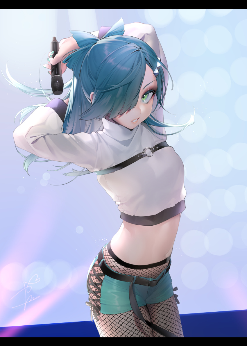 1girl absurdres aqua_shorts arm_up arms_behind_back bangs belt blue_hair breasts cowboy_shot crop_top eyelashes fishnet_pantyhose fishnets green_eyes hair_over_one_eye highres holding lens_flare letterboxed long_hair long_sleeves looking_at_viewer midriff navel ohisashiburi original pantyhose parted_bangs parted_lips shirt short_shorts shorts sidelocks signature small_breasts solo standing stomach turtleneck white_shirt