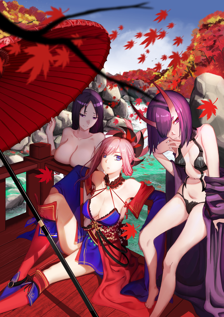 3girls absurdres autumn autumn_leaves bangs bare_shoulders barefoot black_choker blue_bikini_top blue_kimono blue_skirt breasts choker day detached_sleeves erect_nipples eyebrows_visible_through_hair fate/grand_order fate_(series) folded_ponytail freze hair_over_one_eye halter_top halterneck highres japanese_clothes kimono large_breasts leaf long_hair looking_at_viewer magatama maple_leaf minamoto_no_raikou_(fate/grand_order) miyamoto_musashi_(fate/grand_order) multiple_girls nude obi oni oni_horns open_clothes open_kimono open_mouth oriental_umbrella outdoors parted_bangs pink_hair purple_hair purple_kimono red_legwear revealing_clothes river rock sash short_hair shuten_douji_(fate/grand_order) sitting skirt small_breasts swept_bangs umbrella violet_eyes water