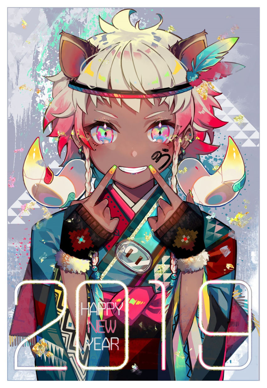 1girl 2019 animal_ears bangs blue_eyes blue_kimono brown_gloves commentary_request dark_skin facepaint fingerless_gloves fingers_to_mouth fur-trimmed_gloves fur_trim gloves gradient_hair green_eyes grin hands_up happy_new_year highres index_finger_raised japanese_clothes kimono long_sleeves looking_at_viewer multicolored multicolored_eyes multicolored_hair new_year nou obi original personification pig_ears pink_eyes redhead sash silver_hair smile solo tusks upper_body wide_sleeves