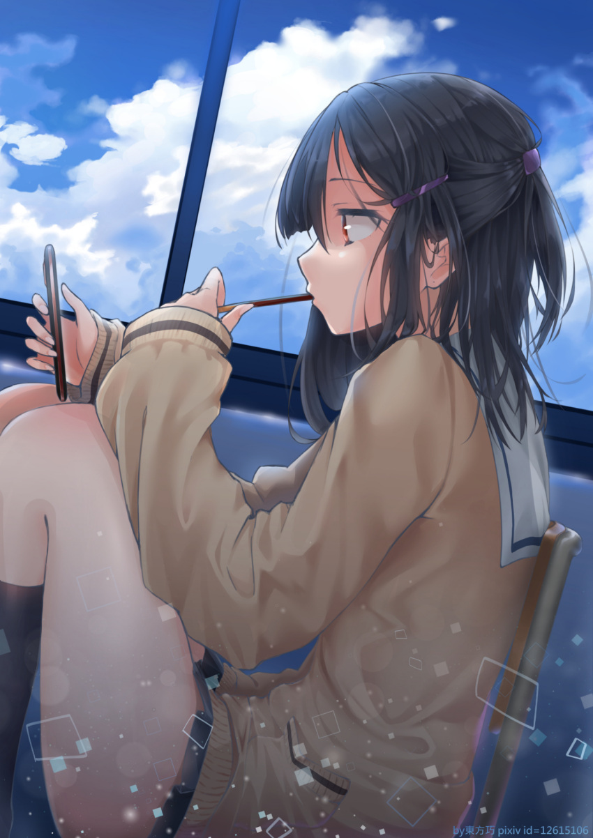 1girl blue_sky chair clouds cloudy_sky food highres holding holding_phone long_sleeves original phone pocky school_uniform sitting sky summer sunkazer window