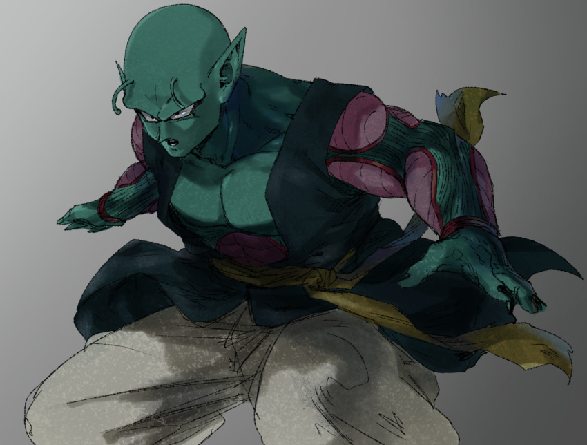 1boy abs alien antennae bald belt dragon_ball dragon_ball_super green_skin grey_background male_focus nail_polish open_clothes open_shirt pointy_ears saonel solo teeth yoruume