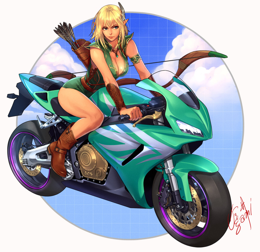 1girl anachronism arm_guards arm_strap arrow artist_name bangs belt blonde_hair boots bow_(weapon) braid breasts brown_footwear cleavage clouds elf feathers flat_tire green_leotard ground_vehicle hair_feathers highres jewelry large_breasts leotard light_smile lips medium_hair motor_vehicle motorcycle necklace ogami on_motorcycle original pointy_ears quiver riding side_braid solo weapon