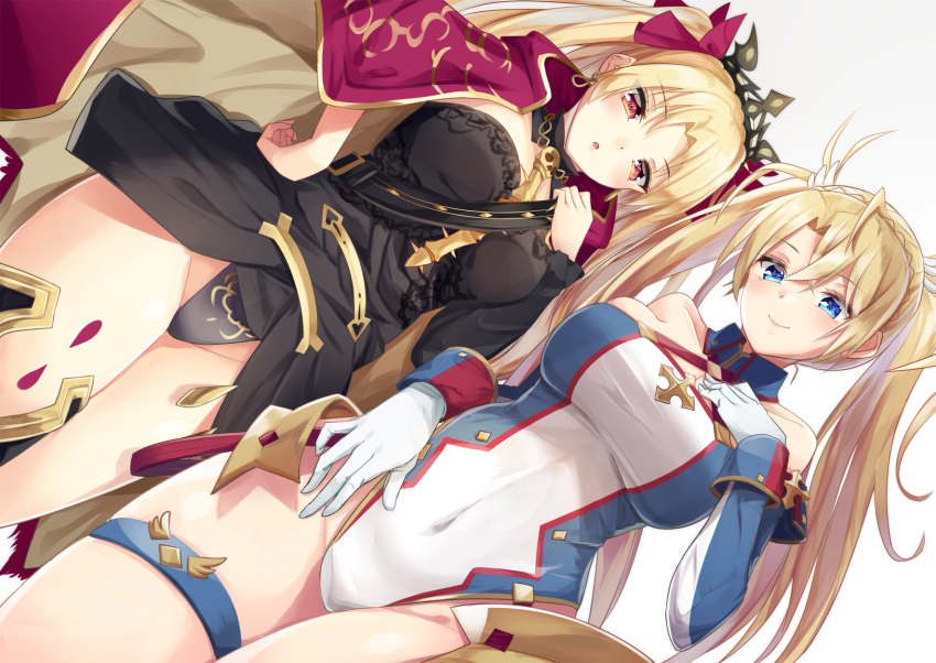 2girls asymmetrical_legwear asymmetrical_sleeves bangs bare_shoulders between_breasts black_cape black_legwear blonde_hair blue_eyes blush bradamante_(fate/grand_order) braid breast_suppress breasts buckle cape cleavage collar collarbone commentary covered_navel detached_collar detached_sleeves dress dutch_angle earrings elbow_gloves ereshkigal_(fate/grand_order) eyebrows_visible_through_hair fate/grand_order fate_(series) french_braid fur-trimmed_cape fur_trim gloves gradient gradient_background hair_between_eyes hair_ribbon hand_on_hip hand_on_own_chest hand_up highleg highleg_leotard highres igakusei infinity jewelry large_breasts leotard long_hair looking_at_viewer looking_down medium_breasts multicolored multicolored_cape multicolored_clothes multicolored_leotard multiple_girls navel necklace open_mouth parted_bangs red_cape red_eyes red_ribbon ribbon simple_background single_sleeve single_thighhigh skull smile spine thigh-highs thigh_strap thighs tiara twintails two_side_up very_long_hair white_background white_gloves yellow_cape