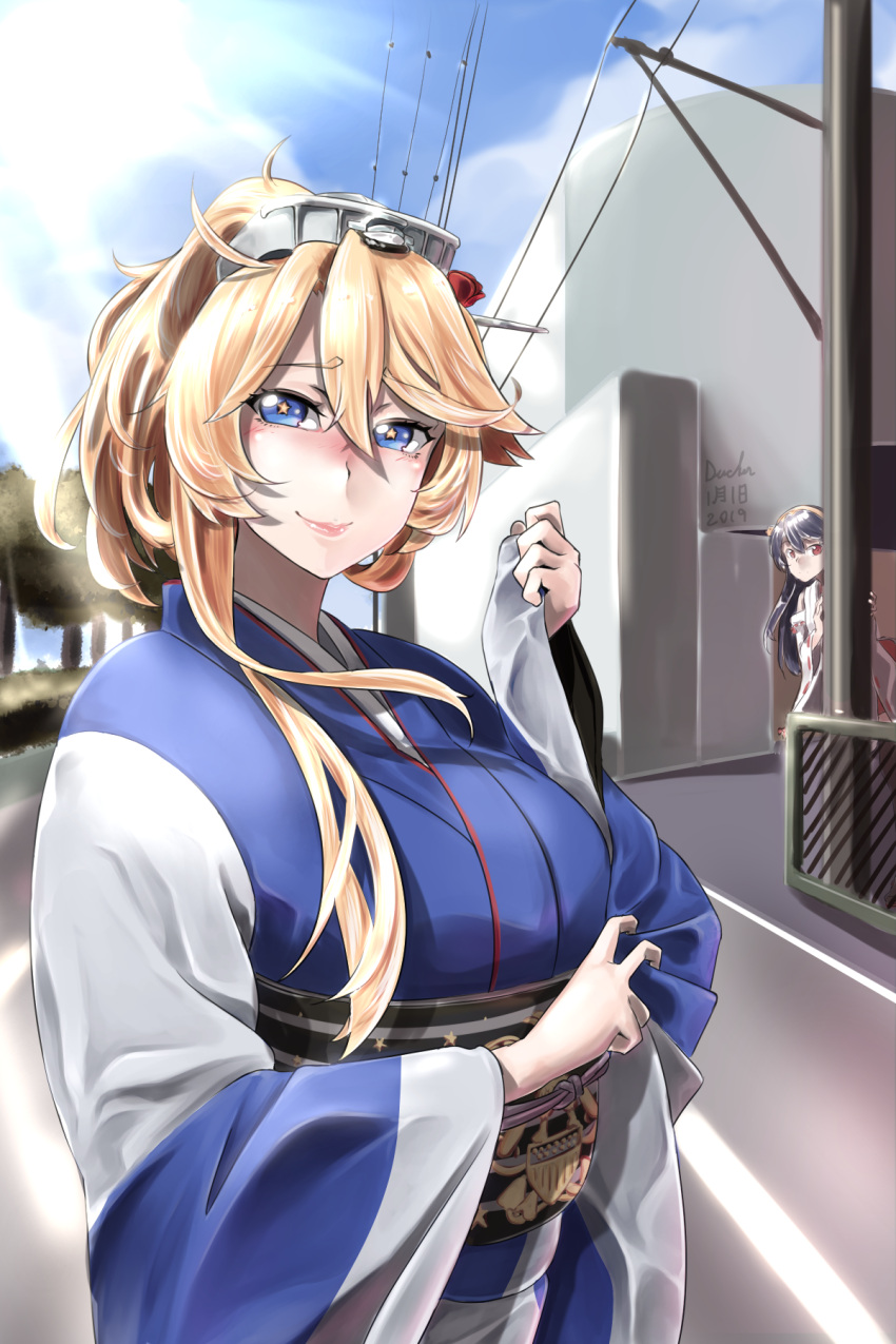 2girls blonde_hair blue_eyes blue_sky breasts clouds dated day fur-trimmed_kimono fur_trim furisode haruna_(kantai_collection) headgear hiding highres iowa_(kantai_collection) japanese_clothes kantai_collection kimono large_breasts lips looking_at_viewer multiple_girls outdoors peeking_out pole ponytail power_lines rinwest road signature sky star star-shaped_pupils symbol-shaped_pupils tied_hair upper_body