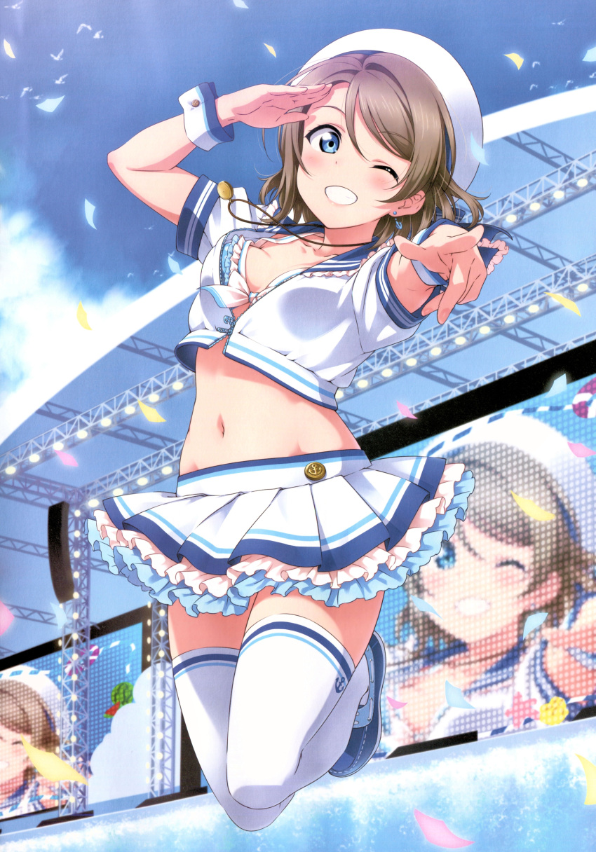 1girl absurdres bangs blue_eyes blue_sky blush breasts brown_hair cleavage collarbone crop_top day eyebrows_visible_through_hair front-tie_bikini front-tie_top hair_between_eyes hat highres jumping layered_skirt legs_up looking_at_viewer love_live! love_live!_sunshine!! medium_breasts midriff miniskirt navel official_art one_eye_closed outdoors pleated_skirt short_hair skirt sky solo stomach swept_bangs thigh-highs watanabe_you white_bikini_top white_hat white_legwear white_skirt wrist_cuffs zettai_ryouiki
