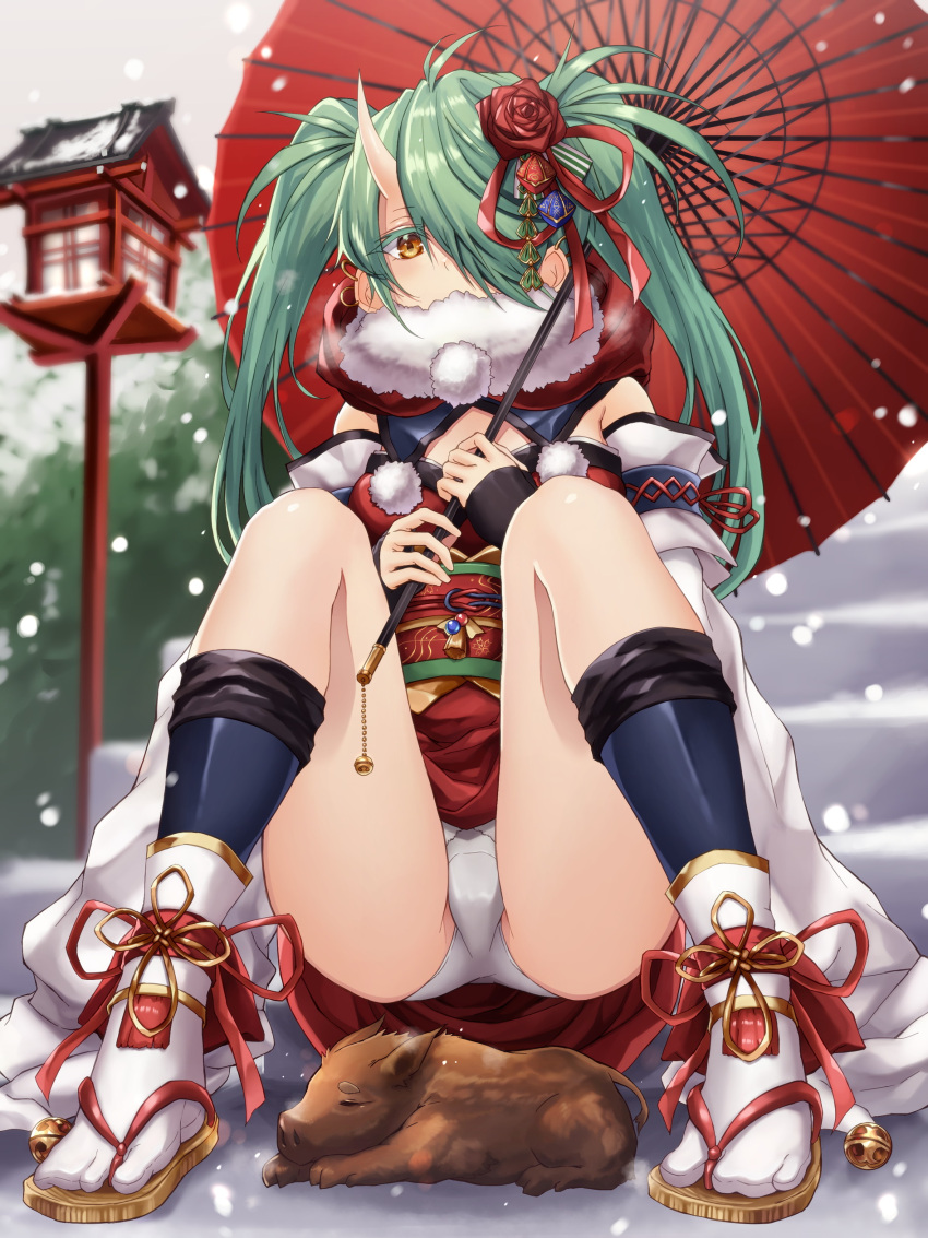 1girl absurdres animal ankle_ribbon ass bare_legs bell blurry blurry_background colored_eyelashes covered_mouth detached_sleeves flower fur_collar green_hair hair_flower hair_ornament hair_ribbon highres hikari_(komitiookami) holding holding_umbrella horn japanese_clothes knees_up lantern long_hair new_year obi oni oni_horn oriental_umbrella original outdoors panties pantyshot pantyshot_(sitting) pig pom_pom_(clothes) red_flower red_ribbon red_rose ribbon rose sandals sash sitting snow snowing socks solo stairs twintails umbrella underwear white_legwear white_panties winter yellow_eyes