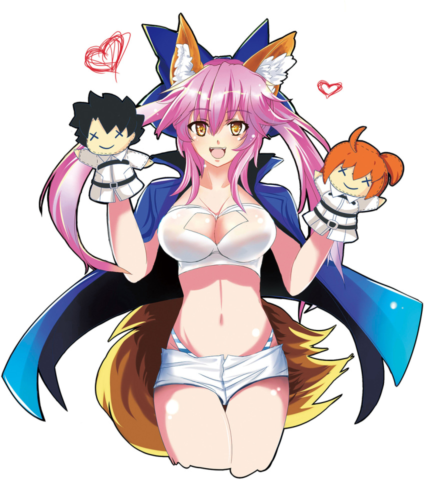 1girl adapted_costume ahoge animal_ear_fluff animal_ears black_hair breasts chaldea_uniform cleavage collarbone fate/grand_order fate_(series) fox_ears fox_girl fox_tail fujimaru_ritsuka_(female) fujimaru_ritsuka_(male) hair_ornament hair_scrunchie heart highres large_breasts midriff open_mouth orange_hair orange_scrunchie panties pink_hair racequeen scrunchie side_ponytail simple_background solo striped striped_panties stuffed_toy tail tamamo_(fate)_(all) tamamo_no_mae_(fate) thigh-highs underwear white_background x_x yellow_eyes